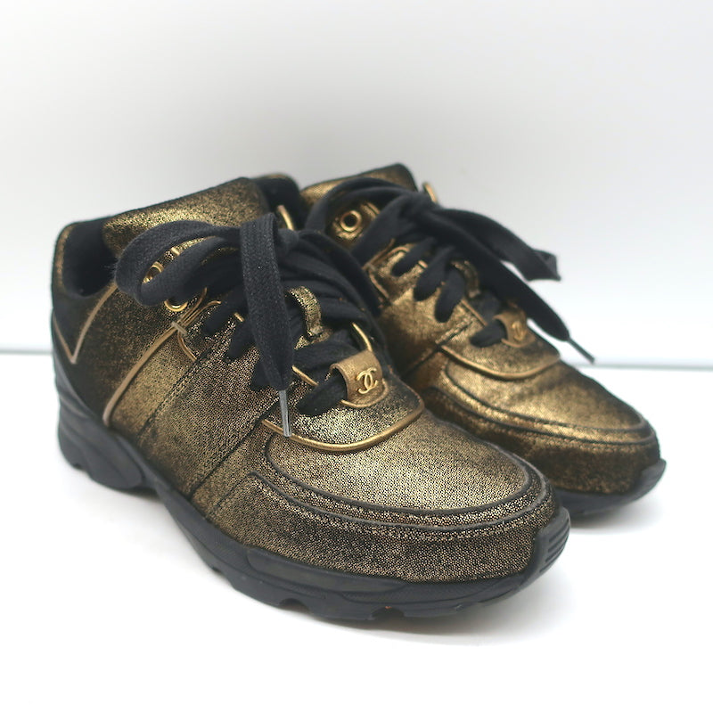 Chanel 16K Low Top Sneakers Gold Metallic Suede Size 35