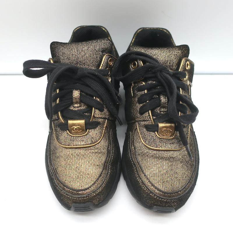 Chanel 16K Low Top Sneakers Gold Metallic Suede Size 35