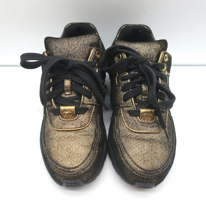 Chanel 16K Low Top Sneakers Gold Metallic Suede Size 35