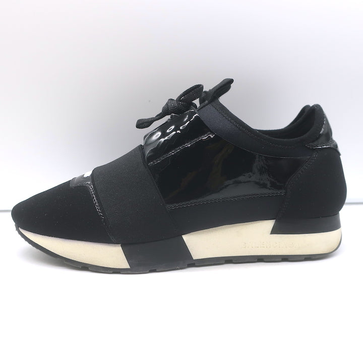 Balenciaga Race Runner Low Top Sneakers Black Neoprene &amp; Patent Leather Size 37