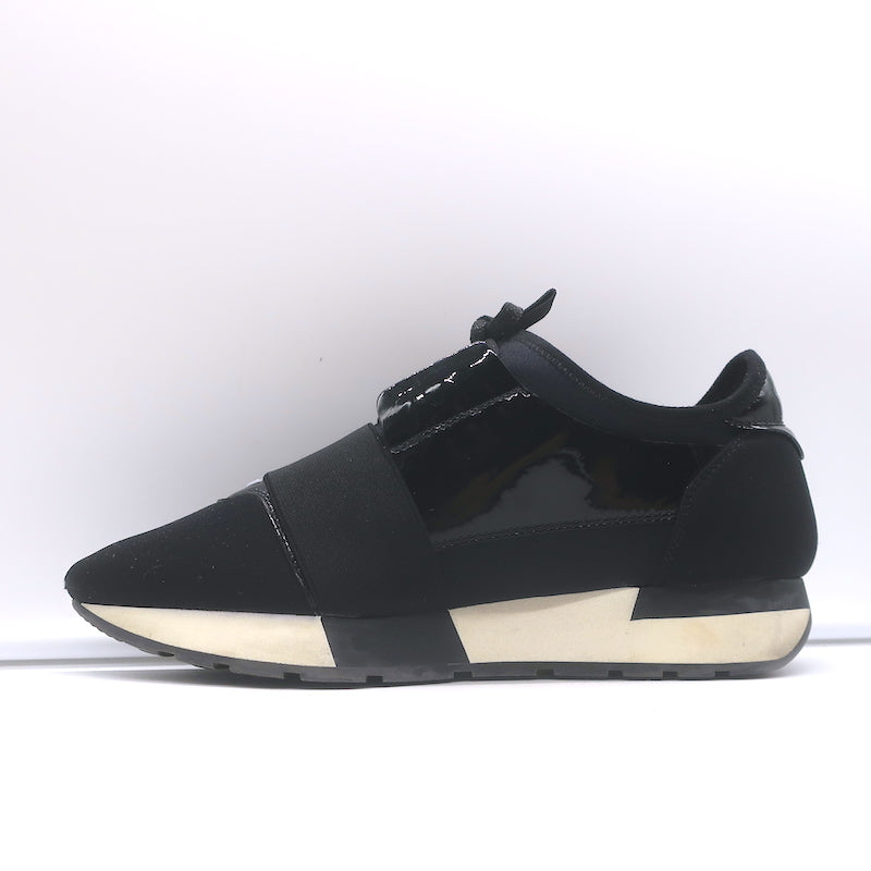 Balenciaga Race Runner Low Top Sneakers Black Neoprene &amp; Patent Leather Size 37