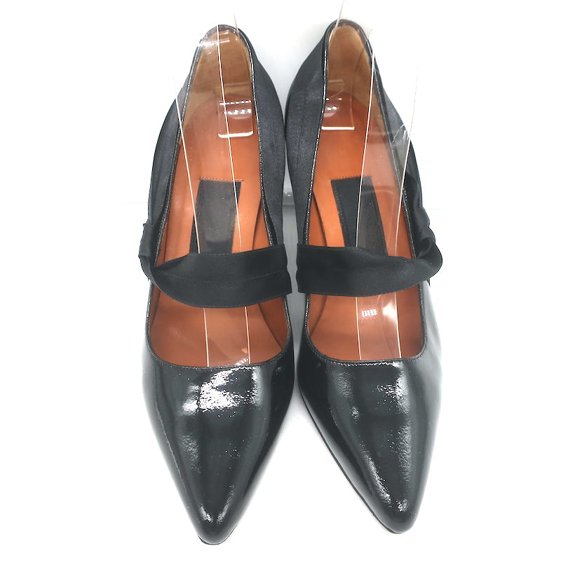 Lanvin Mary Jane Pumps Black Patent Leather Size 37.5 Pointed Toe Heels