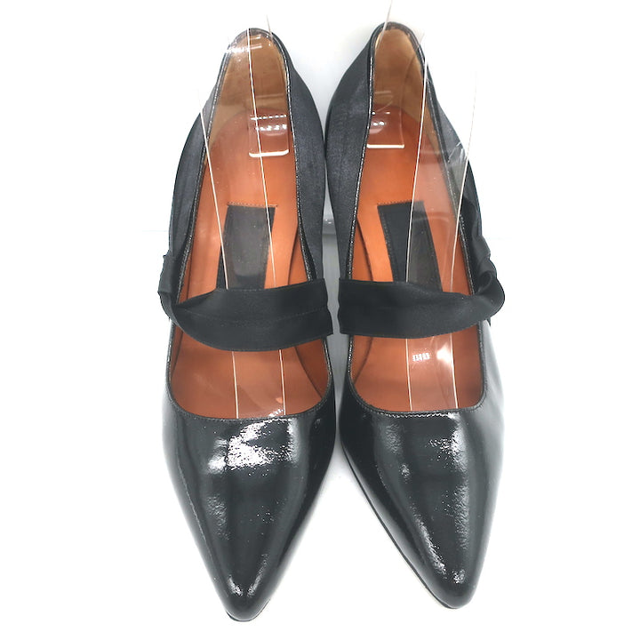 Lanvin Mary Jane Pumps Black Patent Leather Size 37.5 Pointed Toe Heels