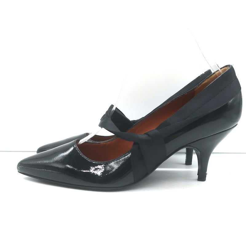 Lanvin Mary Jane Pumps Black Patent Leather Size 37.5 Pointed Toe Heels