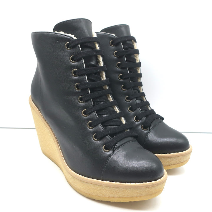 Stella McCartney Faux Shearling Lace-Up Wedge Ankle Boots Black Size 38 NEW
