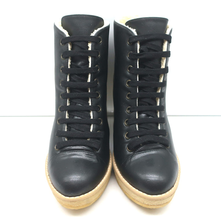 Stella McCartney Faux Shearling Lace-Up Wedge Ankle Boots Black Size 38 NEW