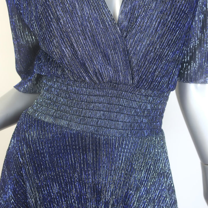 Maje Ruffini Metallic Tiered Midi Dress Navy/Silver Size 38