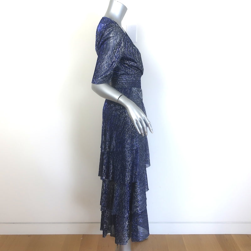 Maje Ruffini Metallic Tiered Midi Dress Navy/Silver Size 38