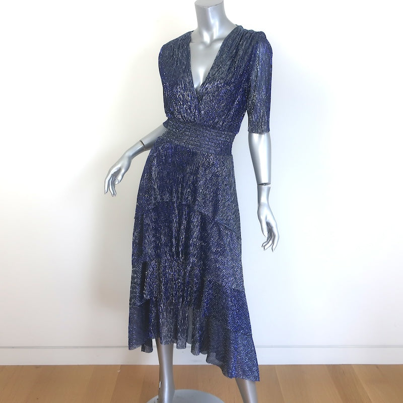 Maje Ruffini Metallic Tiered Midi Dress Navy/Silver Size 38