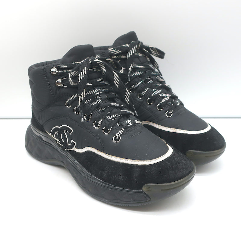 Chanel CC Platform High Top Sneakers Black Nylon & Suede Size 35.5