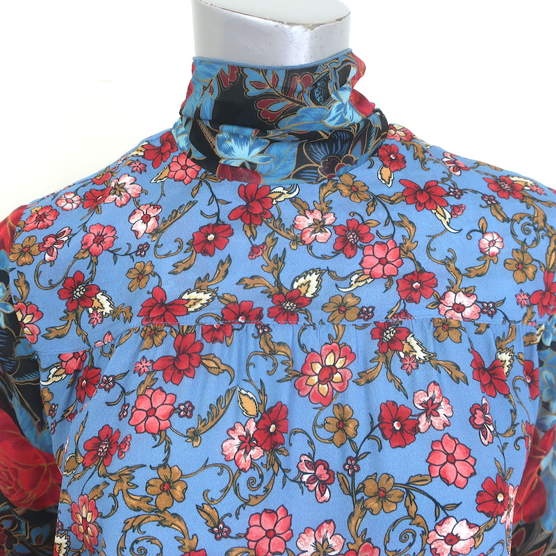 See by Chloe Tie-Back Chiffon-Sleeve Blouse Blue Floral Print Crepe Size 36