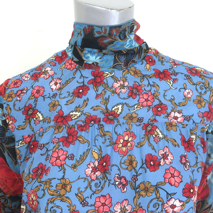 See by Chloe Tie-Back Chiffon-Sleeve Blouse Blue Floral Print Crepe Size 36