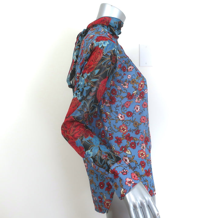 See by Chloe Tie-Back Chiffon-Sleeve Blouse Blue Floral Print Crepe Size 36