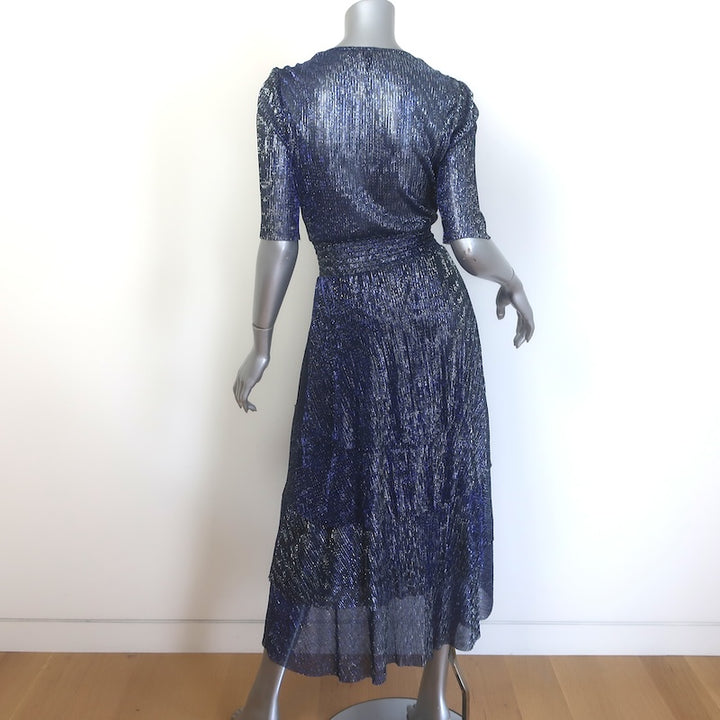 Maje Ruffini Metallic Tiered Midi Dress Navy/Silver Size 38