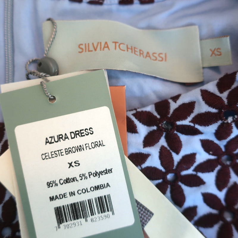 Silvia Tcherassi Azura Floral-Embroidered Dress Blue/Brown Size Extra Small NEW