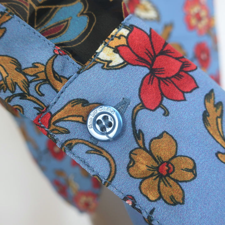 See by Chloe Tie-Back Chiffon-Sleeve Blouse Blue Floral Print Crepe Size 36