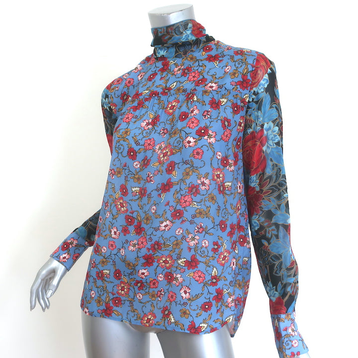 See by Chloe Tie-Back Chiffon-Sleeve Blouse Blue Floral Print Crepe Size 36