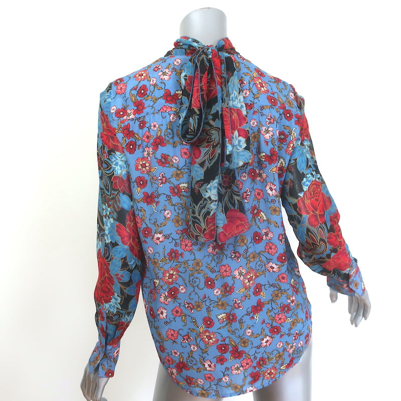 See by Chloe Tie-Back Chiffon-Sleeve Blouse Blue Floral Print Crepe Size 36