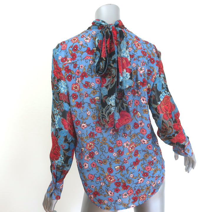 See by Chloe Tie-Back Chiffon-Sleeve Blouse Blue Floral Print Crepe Size 36