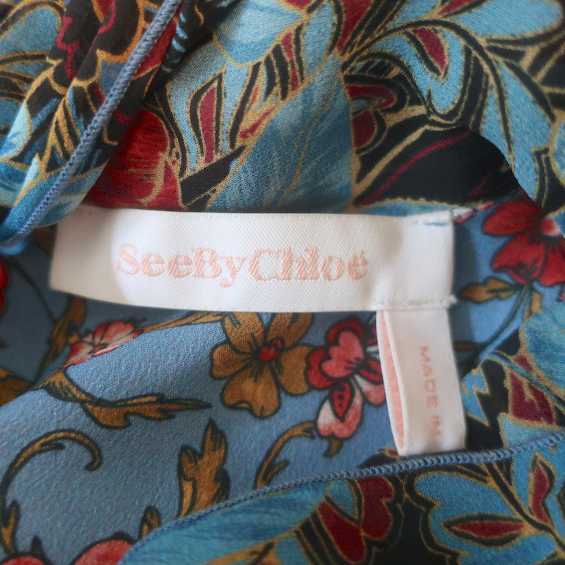 See by Chloe Tie-Back Chiffon-Sleeve Blouse Blue Floral Print Crepe Size 36