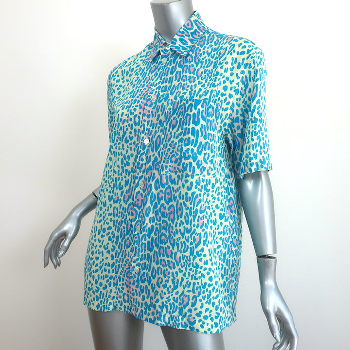 Stella McCartney Short Sleeve Blouse Blue Leopard Print Silk Size 34