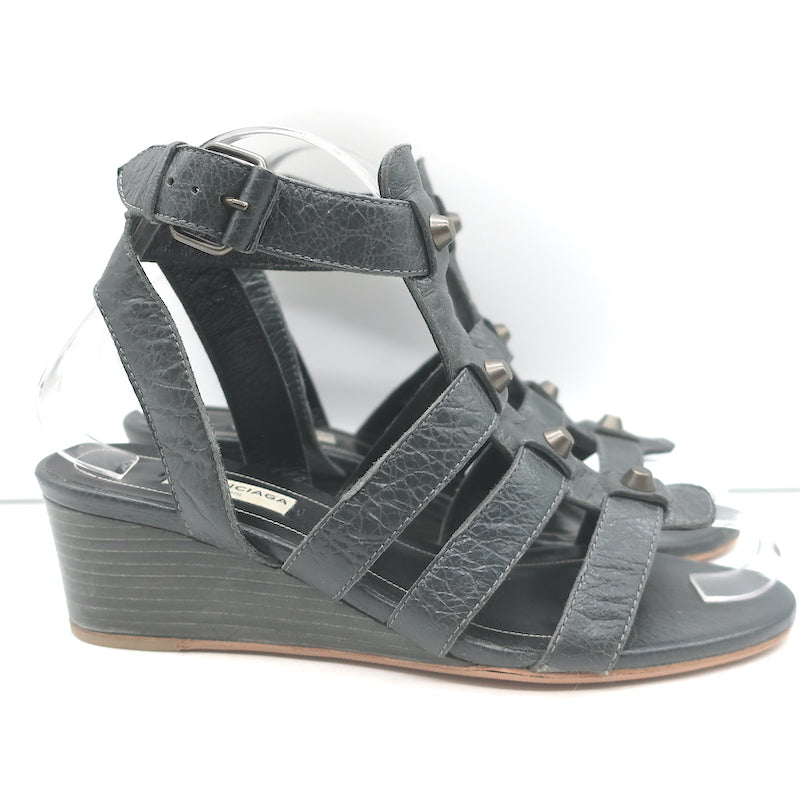 Balenciaga Arena Studded Gladiator Wedge Sandals Dark Gray Leather Size 37