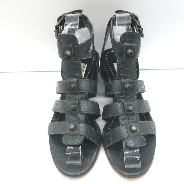 Balenciaga Arena Studded Gladiator Wedge Sandals Dark Gray Leather Size 37