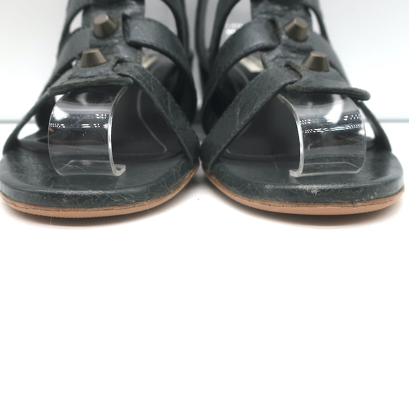 Balenciaga Arena Studded Gladiator Wedge Sandals Dark Gray Leather Size 37