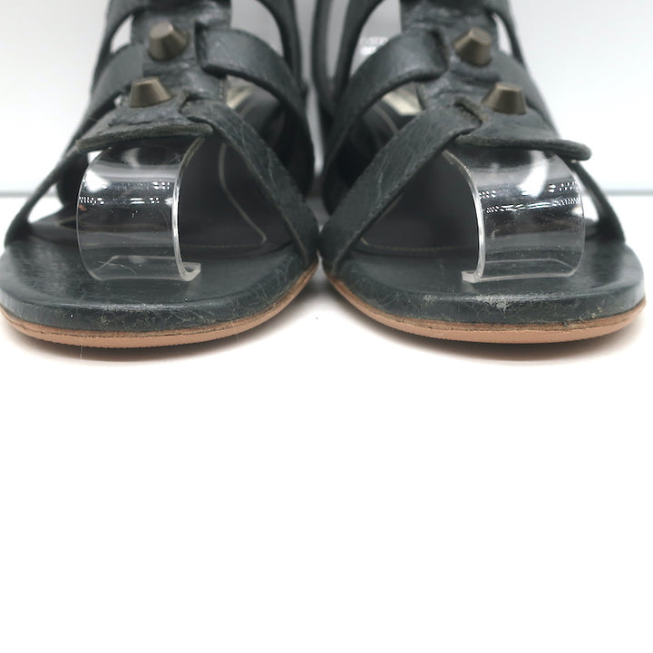 Balenciaga Arena Studded Gladiator Wedge Sandals Dark Gray Leather Size 37