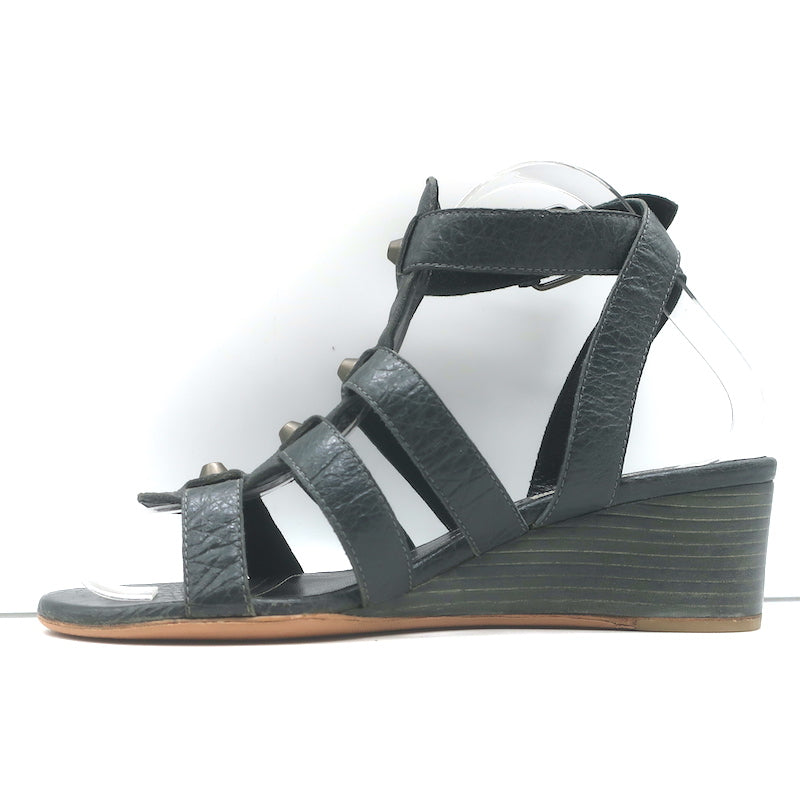 Balenciaga Arena Studded Gladiator Wedge Sandals Dark Gray Leather Size 37