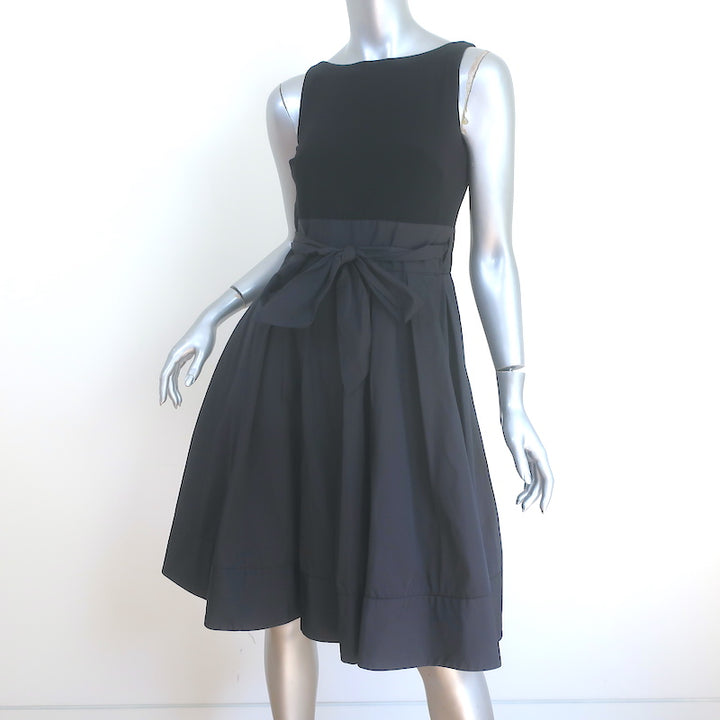 LAUREN Ralph Lauren Tie-Waist Dress Black Pleated Taffeta &amp; Jersey Size 2