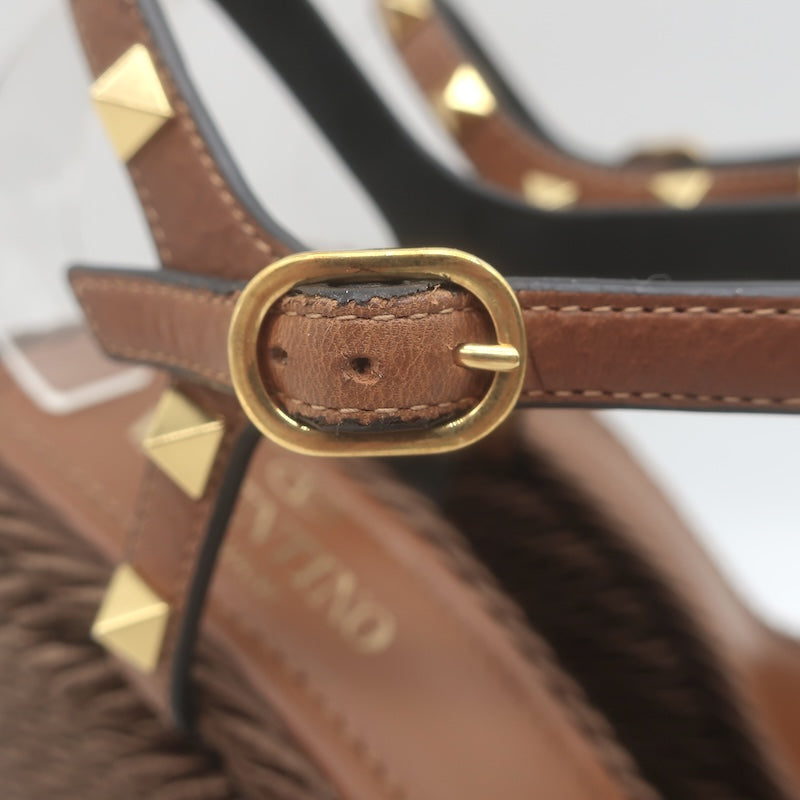 Valentino Rockstud Ankle Strap Rope Platform Wedge Sandals Brown Leather Size 37