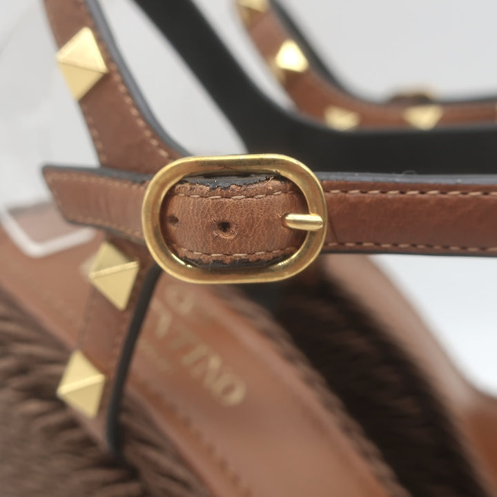 Valentino Rockstud Ankle Strap Rope Platform Wedge Sandals Brown Leather Size 37