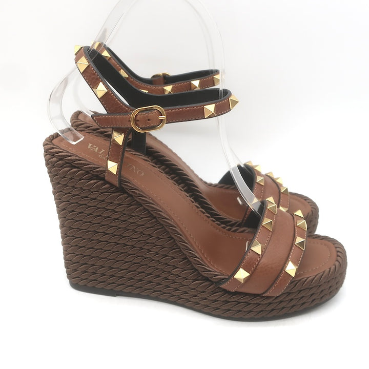 Valentino Rockstud Ankle Strap Rope Platform Wedge Sandals Brown Leather Size 37