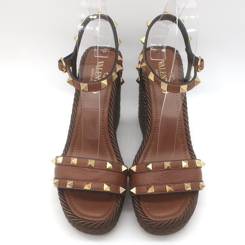 Valentino Rockstud Ankle Strap Rope Platform Wedge Sandals Brown Leather Size 37