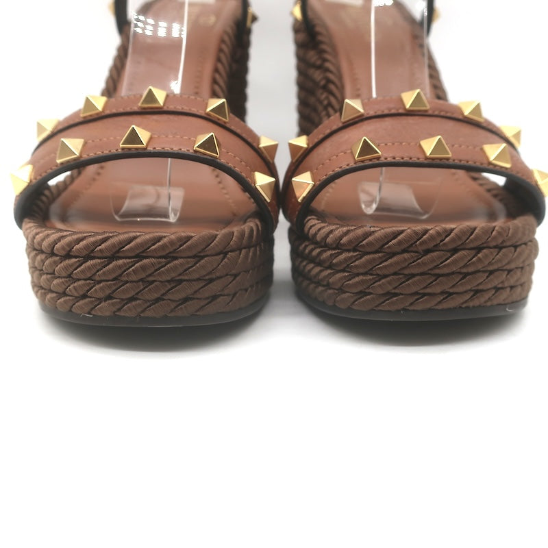 Valentino Rockstud Ankle Strap Rope Platform Wedge Sandals Brown Leather Size 37