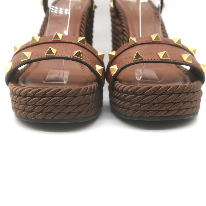 Valentino Rockstud Ankle Strap Rope Platform Wedge Sandals Brown Leather Size 37