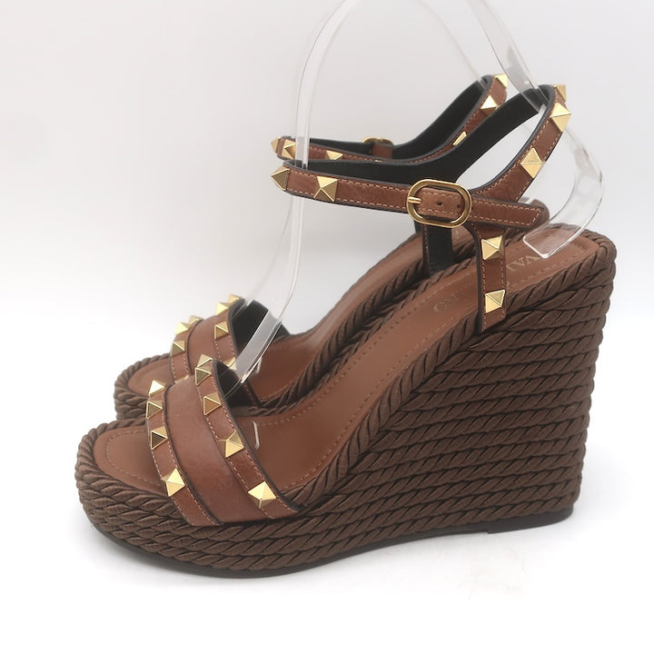 Valentino Rockstud Ankle Strap Rope Platform Wedge Sandals Brown Leather Size 37