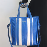 Balenciaga Bazar Small Shopper Tote Blue/White Striped Leather Crossbody Bag
