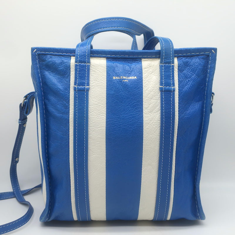 Balenciaga Bazar Small Shopper Tote Blue/White Striped Leather Crossbody Bag