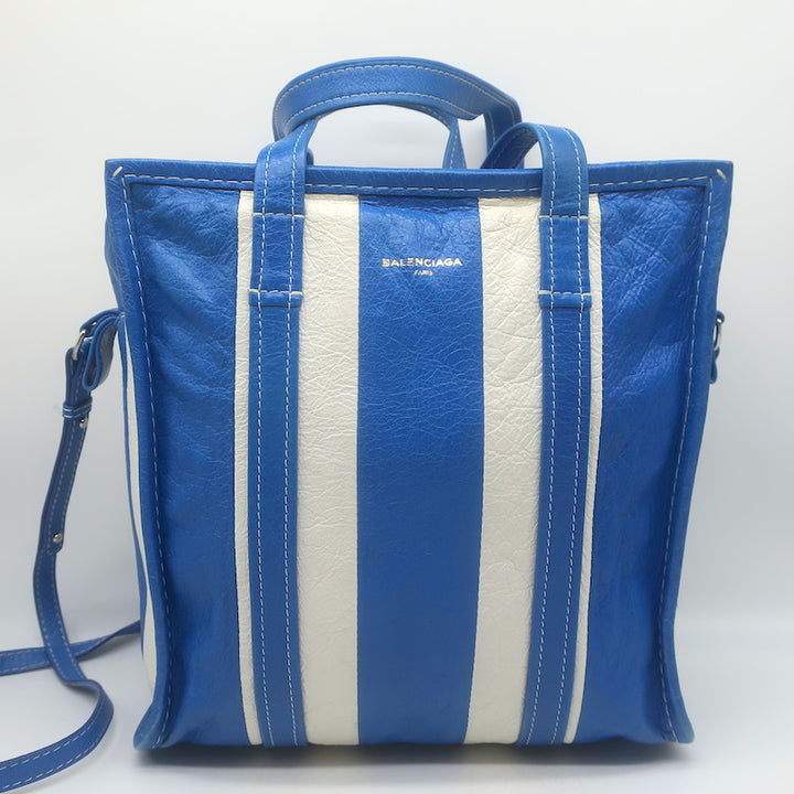 Balenciaga Bazar Small Shopper Tote Blue/White Striped Leather Crossbody Bag