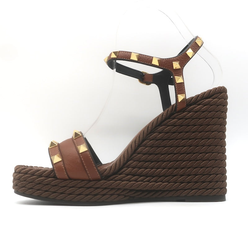 Valentino Rockstud Ankle Strap Rope Platform Wedge Sandals Brown Leather Size 37