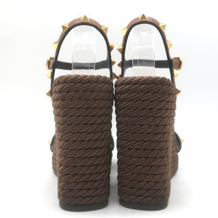 Valentino Rockstud Ankle Strap Rope Platform Wedge Sandals Brown Leather Size 37