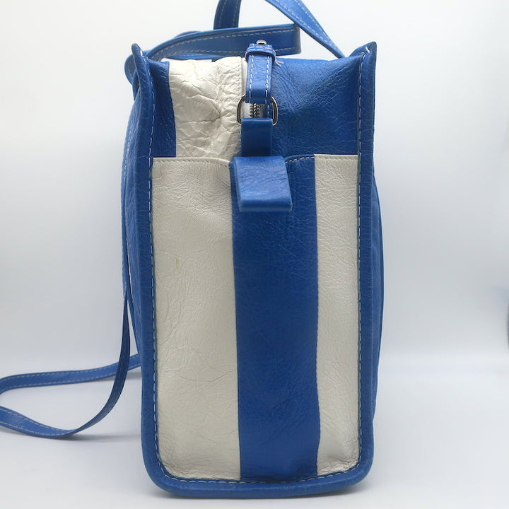 Balenciaga Bazar Small Shopper Tote Blue/White Striped Leather Crossbody Bag