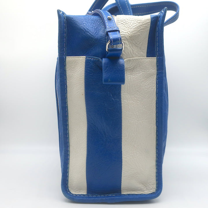 Balenciaga Bazar Small Shopper Tote Blue/White Striped Leather Crossbody Bag