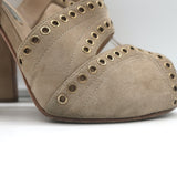 Prada Grommet-Trimmed Peep Toe Sandals Beige Suede Size 38 Slingback Heels