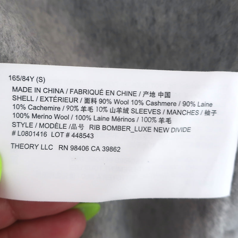 Theory Ribbed-Sleeve Bomber Jacket Gray Melange Wool-Cashmere Size Small NEW