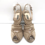 Prada Grommet-Trimmed Peep Toe Sandals Beige Suede Size 38 Slingback Heels