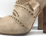 Prada Grommet-Trimmed Peep Toe Sandals Beige Suede Size 38 Slingback Heels