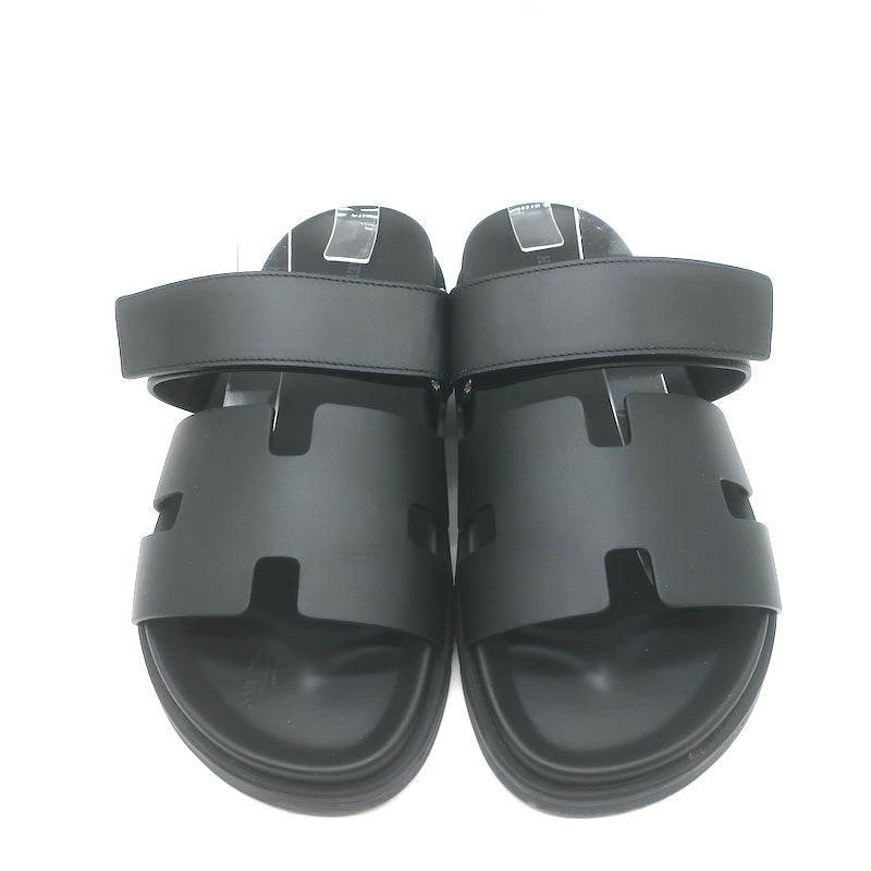Hermes Chypre Slide Sandals Black Leather Size 40.5